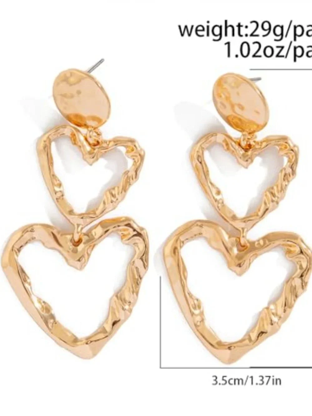 Gold Heart Dangle Pleated Earing's for Women Vintage Double Love Shaped Hammered